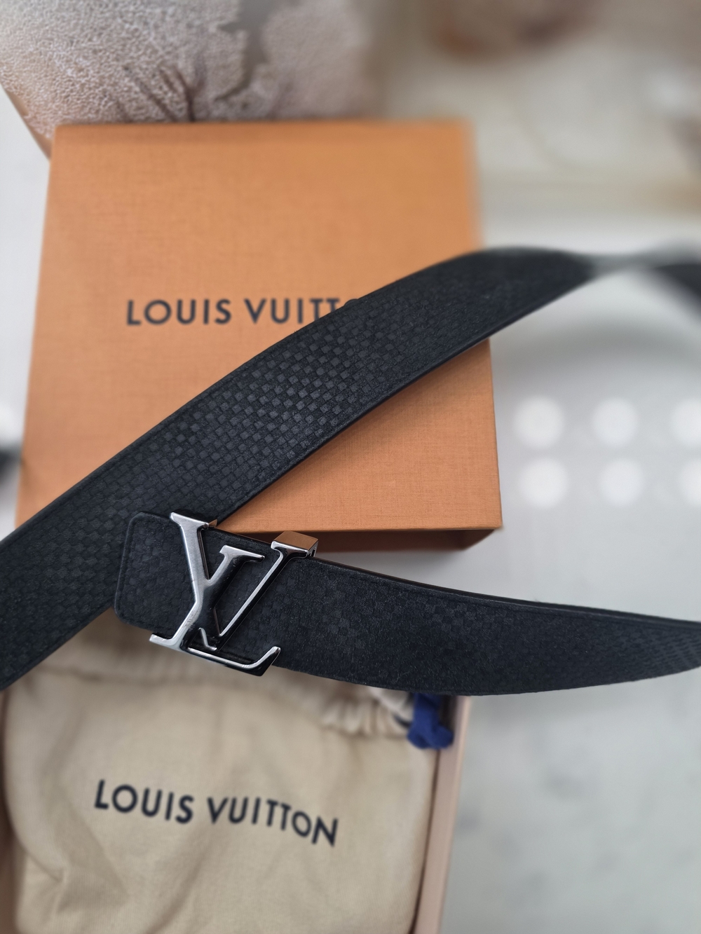 Louis Vuitton Black Textured LV Initiales Buckle Belt